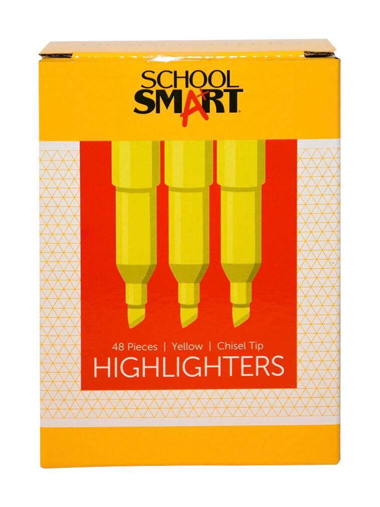 School Smart Pen Style Highlighters, Chisel Tip, Yellow, Pack of 48 1593069